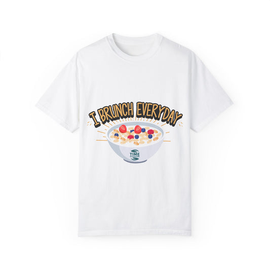 A unisex graphic T-shirt featuring the phrase "Brunch Every Day," perfect for weekend bottomless mimosas, Sunday Funday, and brunch lovers. Ideal foodie gift.