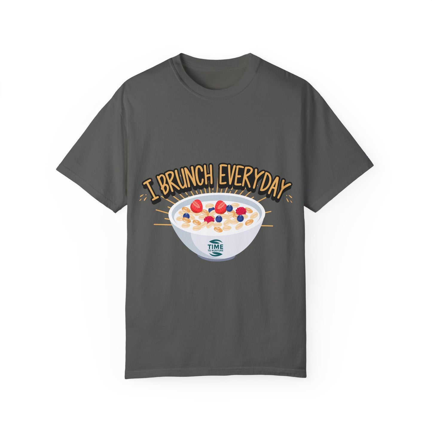 A unisex graphic T-shirt with the phrase "Brunch Every Day," perfect for weekend vibes, bottomless mimosas, and Sunday Fundays. A great gift for foodies and brunch lovers!