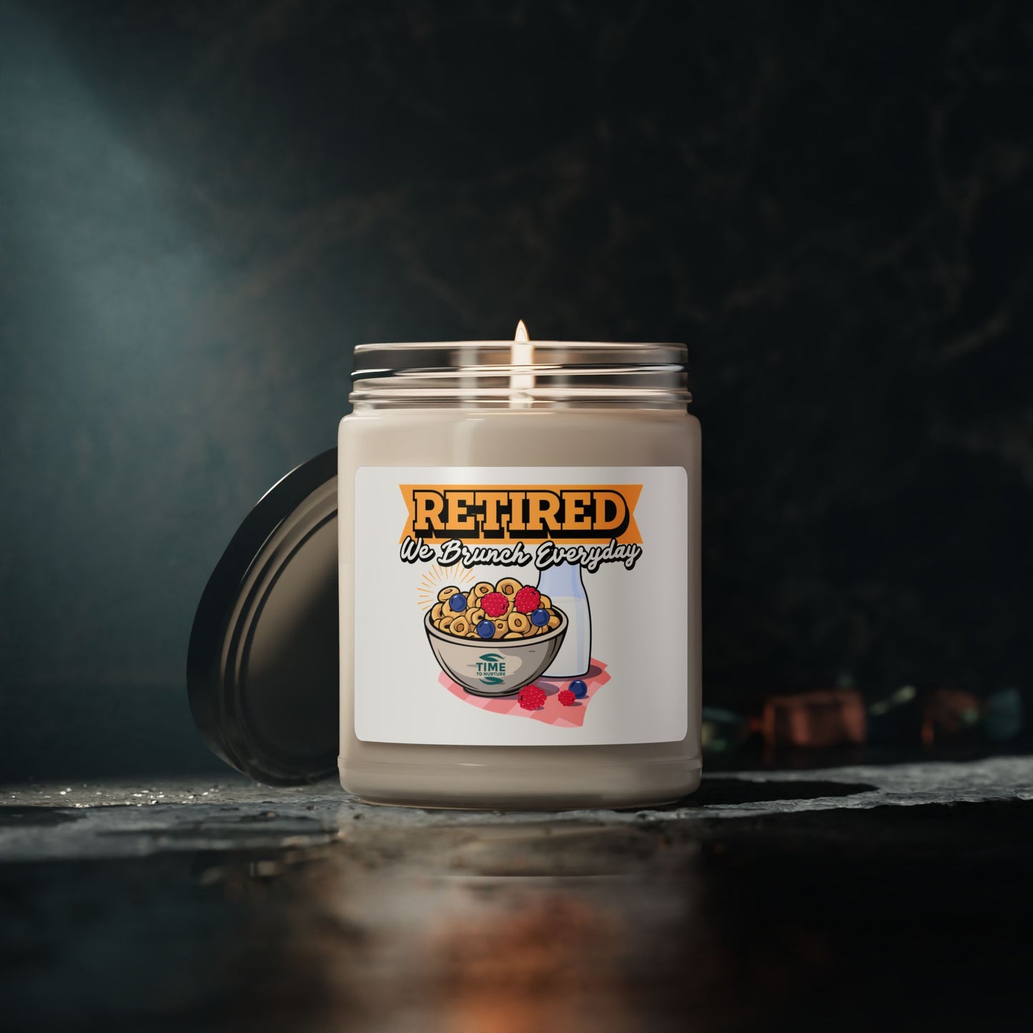 "Retired, We Brunch Everyday" Scented Soy Candle – 9oz Amber Jar with Natural Soy Wax Blend, Cotton Wick, and Cozy Aromatic Scents for Relaxation and Ambiance