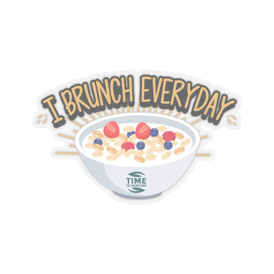 Illustration of a playful sticker design featuring the phrase 'Brunch Everyday' in bold, cheerful fonts. Perfect for retirees, home decor, or kitchen fun.