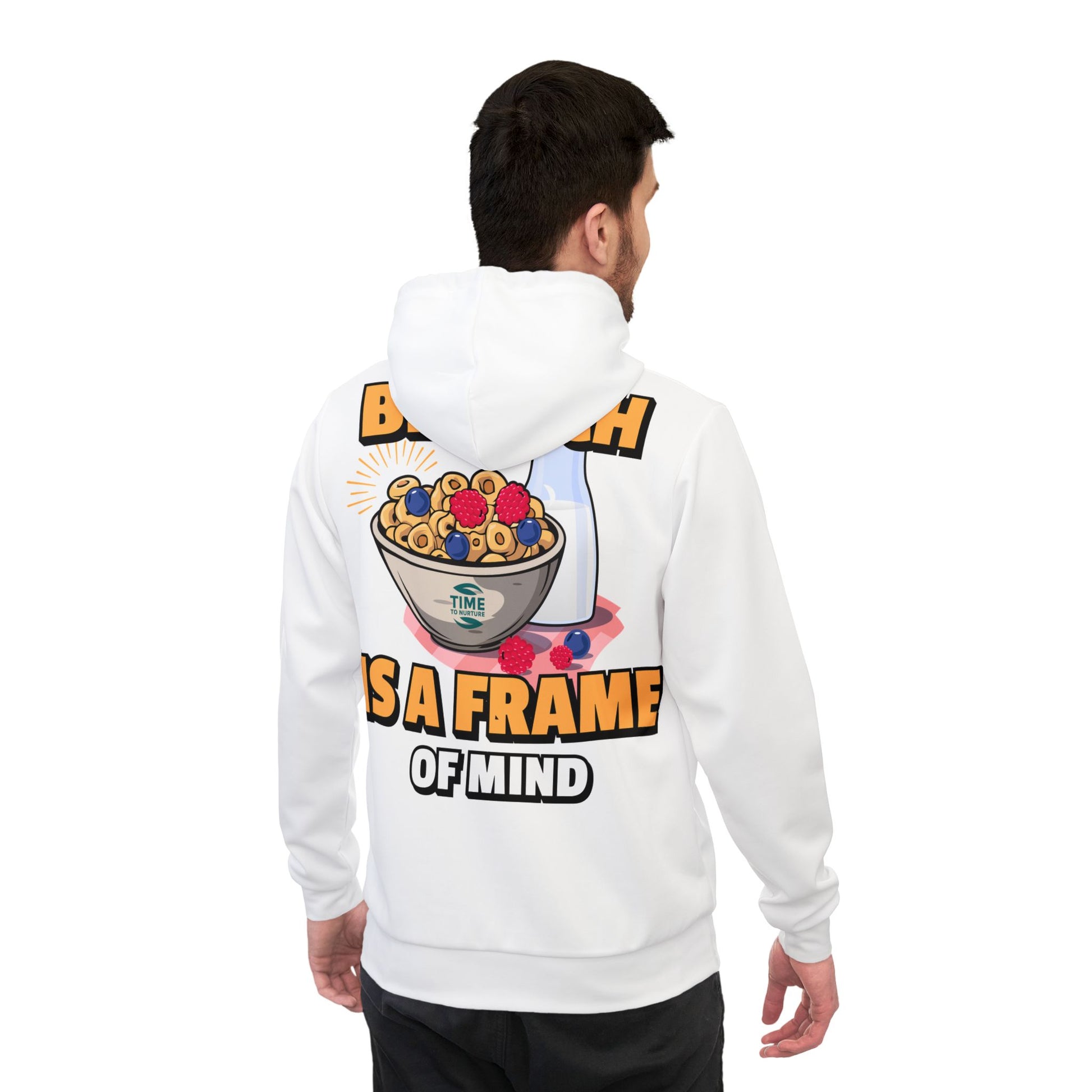 A unisex athletic hoodie featuring the phrase "Brunch is a Frame of Mind," designed as an all-over print pullover sweatshirt. Perfect for retirees and brunch lovers, this cozy hoodie makes a thoughtful and stylish gift.