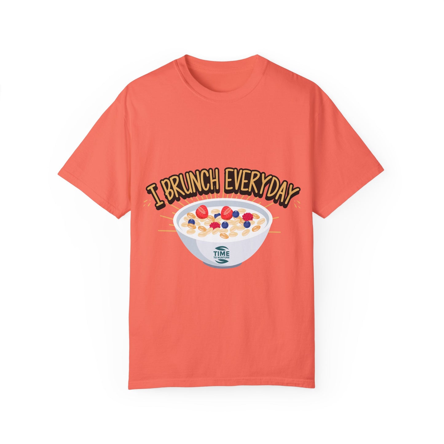 A unisex graphic T-shirt with the phrase "Brunch Every Day," perfect for weekend vibes, bottomless mimosas, and Sunday Fundays. A great gift for foodies and brunch lovers!