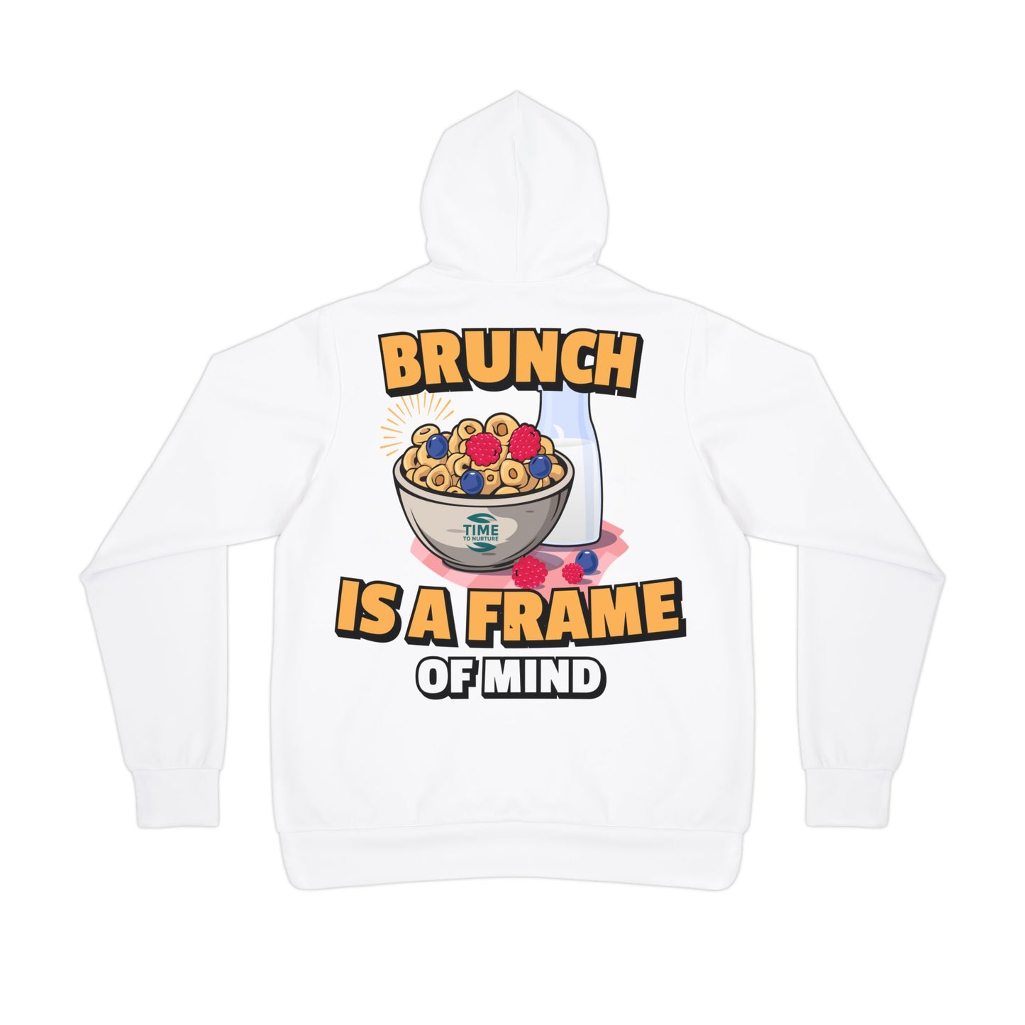 A unisex athletic hoodie featuring the phrase "Brunch is a Frame of Mind," designed as an all-over print pullover sweatshirt. Perfect for retirees and brunch lovers, this cozy hoodie makes a thoughtful and stylish gift.