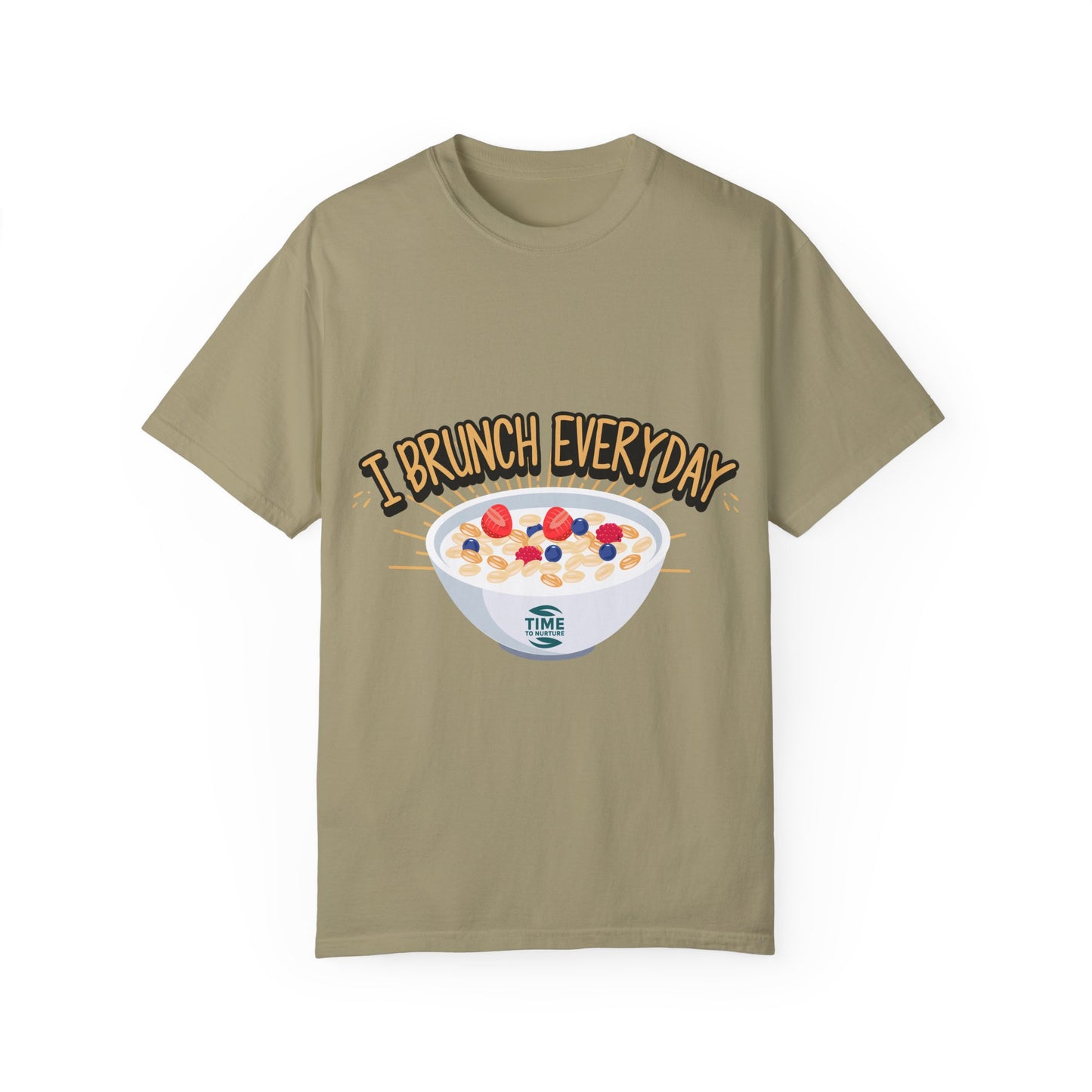 A unisex graphic T-shirt with the phrase "Brunch Every Day," perfect for weekend vibes, bottomless mimosas, and Sunday Fundays. A great gift for foodies and brunch lovers!