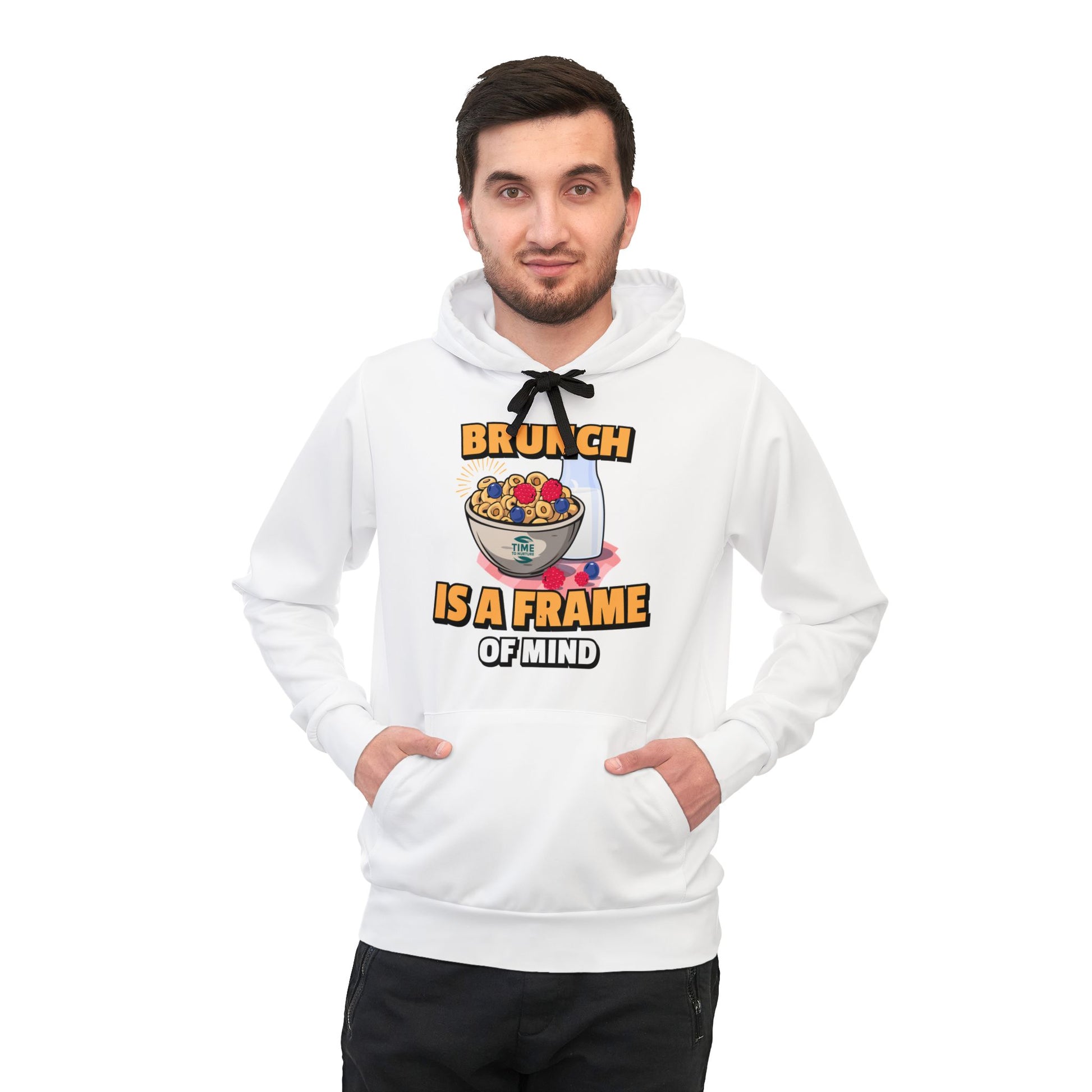 A unisex athletic hoodie featuring the phrase "Brunch is a Frame of Mind," designed as an all-over print pullover sweatshirt. Perfect for retirees and brunch lovers, this cozy hoodie makes a thoughtful and stylish gift.