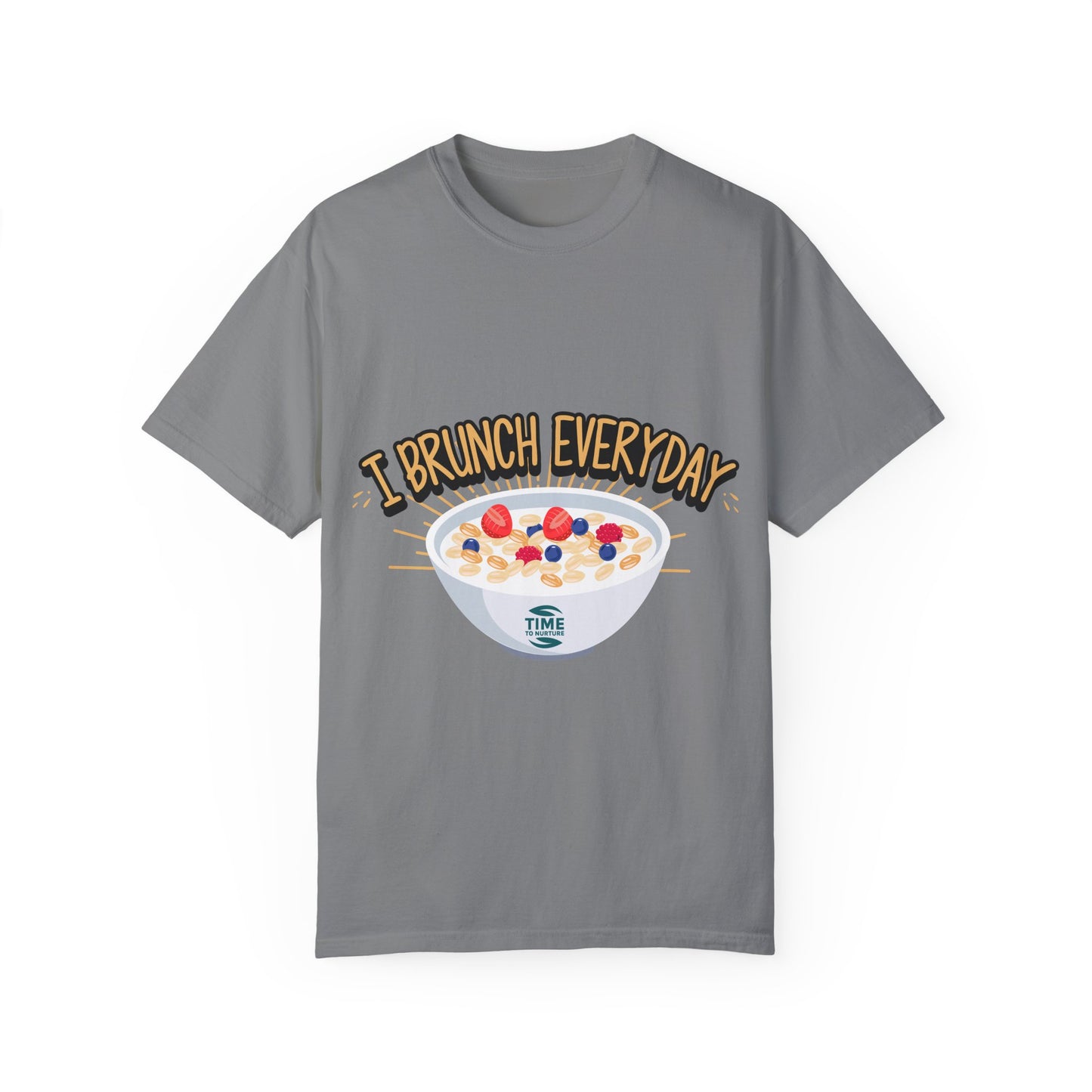 A unisex graphic T-shirt with the phrase "Brunch Every Day," perfect for weekend vibes, bottomless mimosas, and Sunday Fundays. A great gift for foodies and brunch lovers!