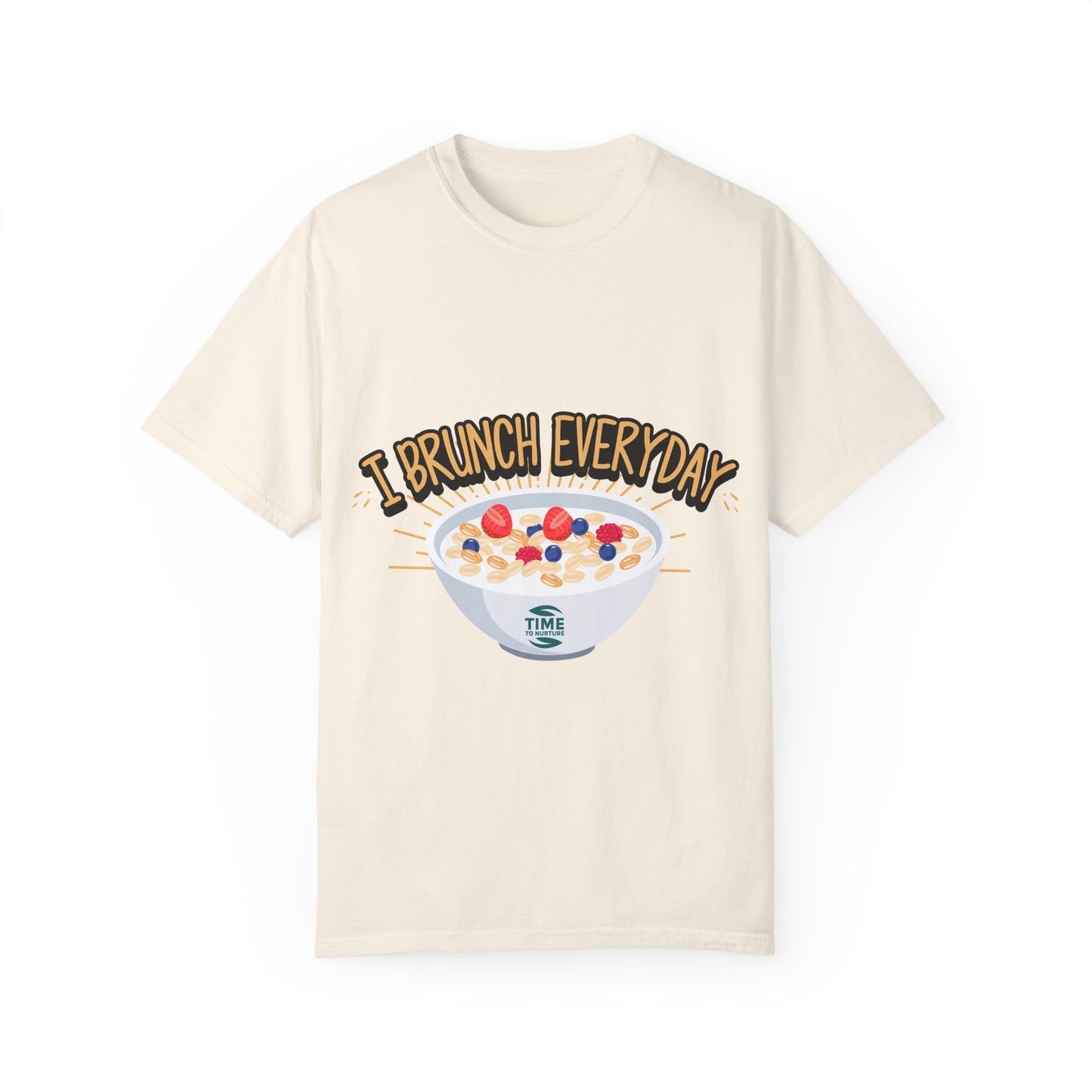 A unisex graphic T-shirt with the phrase "Brunch Every Day," perfect for weekend vibes, bottomless mimosas, and Sunday Fundays. A great gift for foodies and brunch lovers!