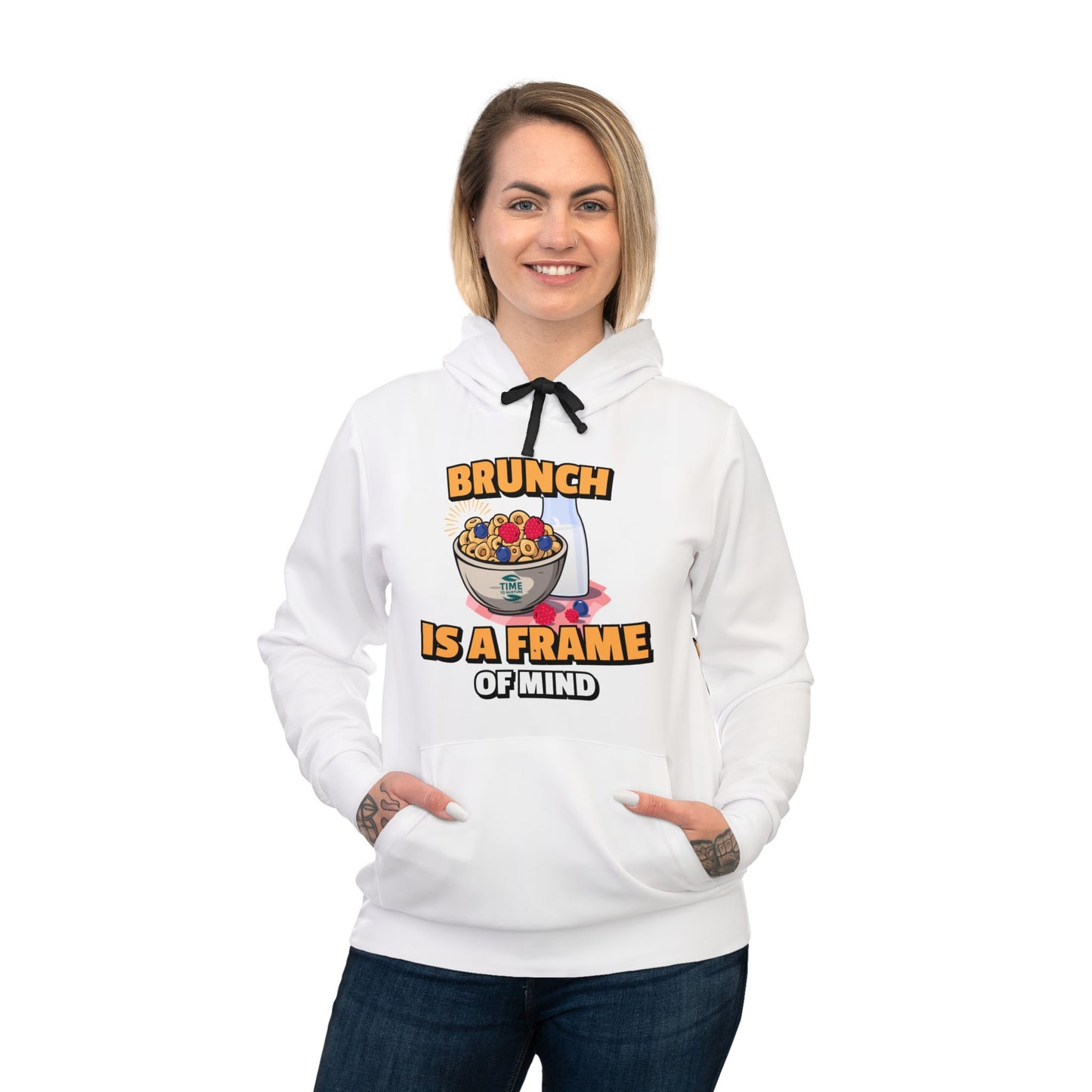 A unisex athletic hoodie featuring the phrase "Brunch is a Frame of Mind," designed as an all-over print pullover sweatshirt. Perfect for retirees and brunch lovers, this cozy hoodie makes a thoughtful and stylish gift.